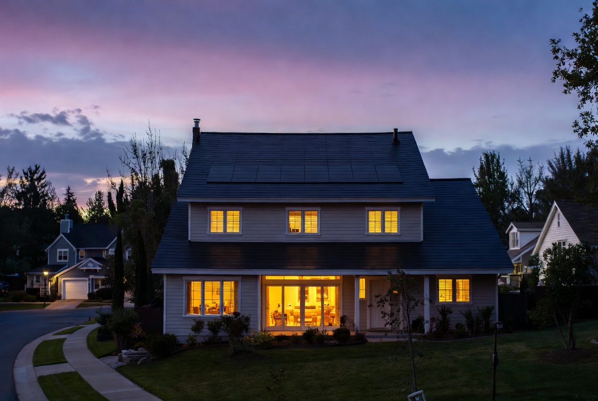 Solar-equipped home at dusk